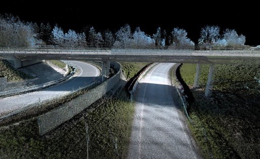 Point cloud imagery of terrestrial mobile mapping scan using lidar of multiple roads and bridge